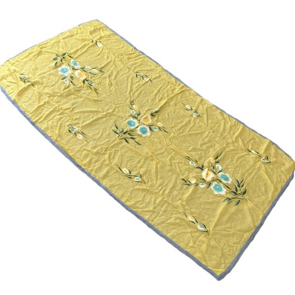 Yellow Silk Hand Painted Dupatta Large Shawl Wrap Flower Design Blue Trim 47x84" - Picture 6 of 7